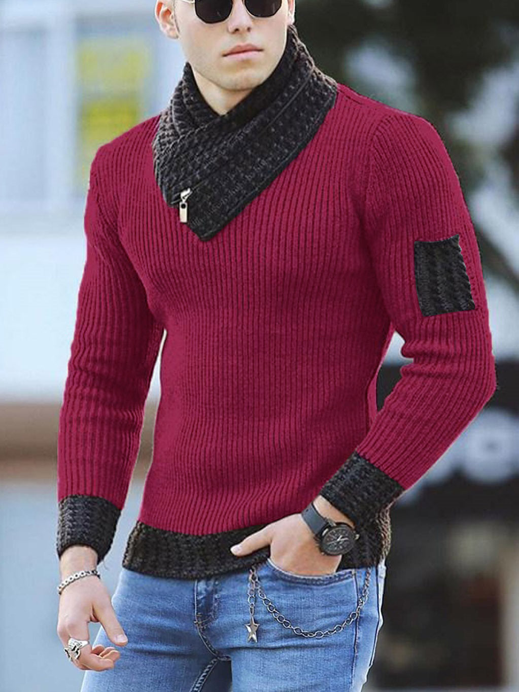 Men's Slim Knit Pullover Sweater with Scarf Collar – Long Sleeve Casual