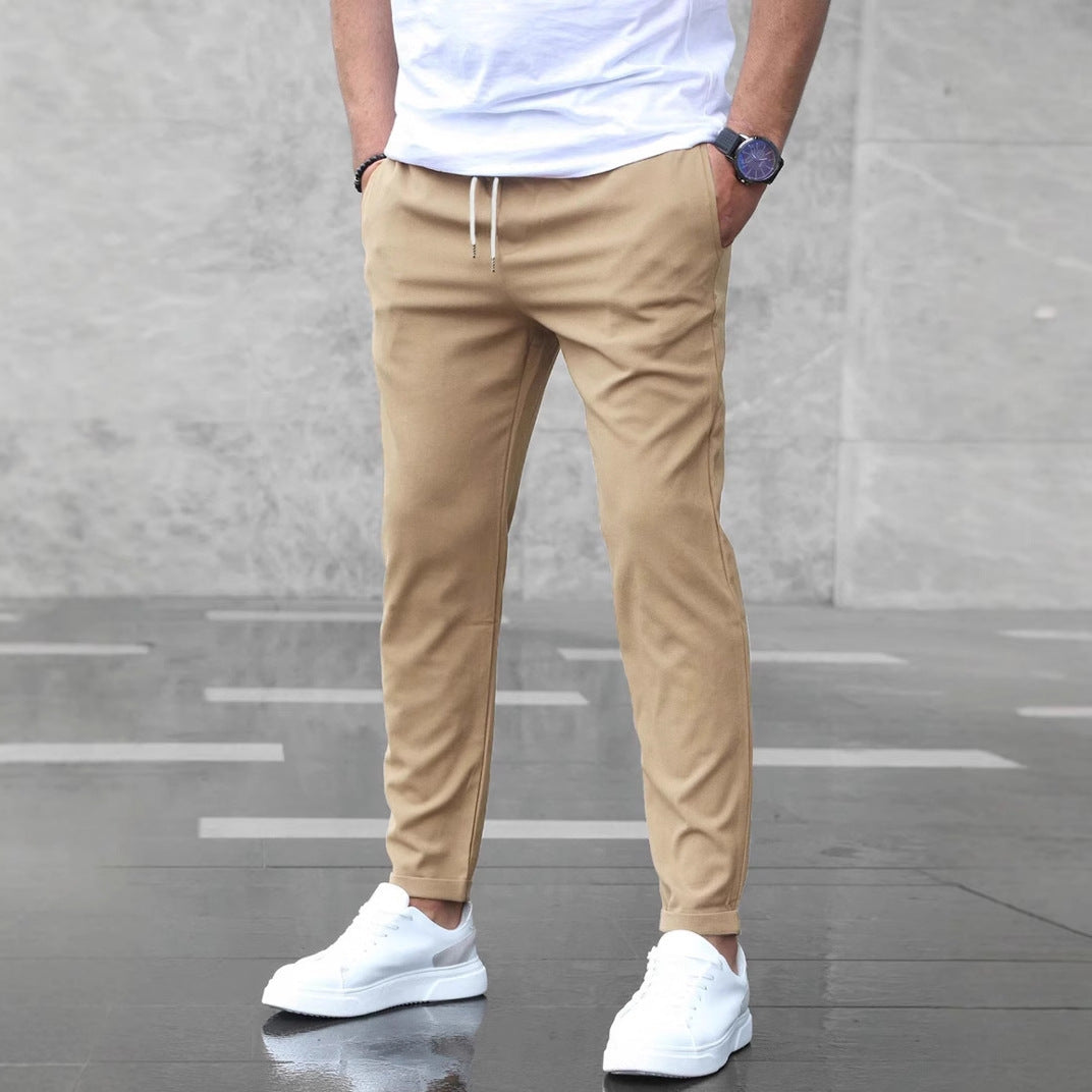 Men's Casual Drawstring Trousers Slim Fit Straight Leg Pants with Pockets Trendy