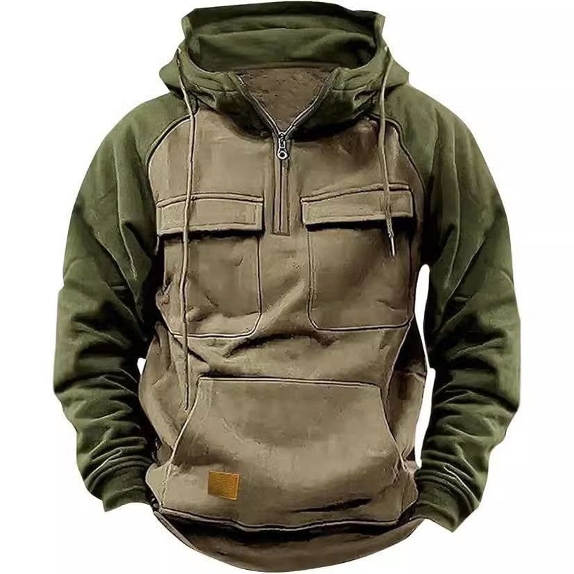 Men's Retro Cargo Half-Zip Fleece Hoodie – Warm Multi-Pocket Outdoor Hooded Jacket