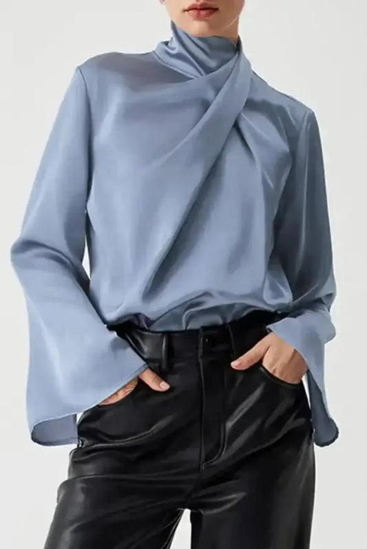 Blue Satin Pleated Turtleneck Bell Sleeve Blouse Women UK