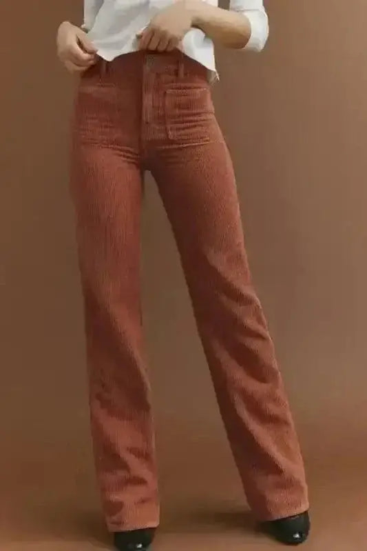 Corduroy High Waist Trousers with Patch Pockets