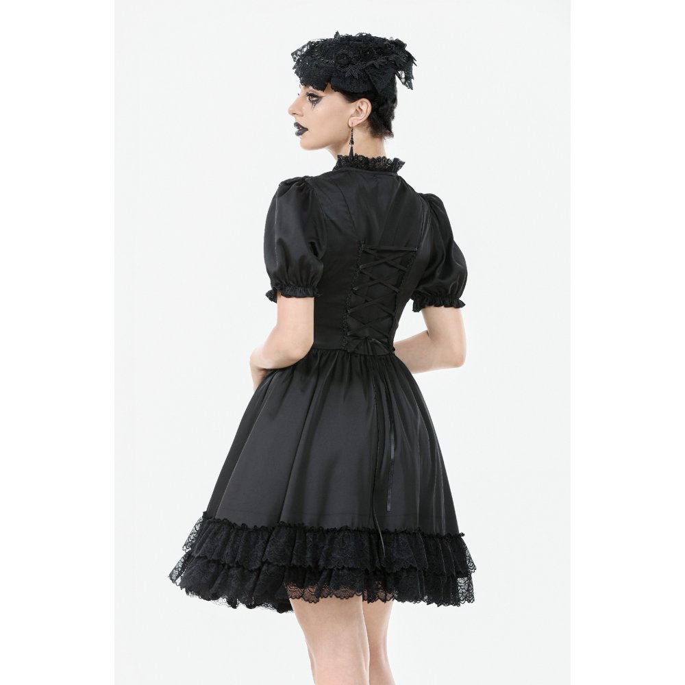 Dark in Love Belladonna Lace-Up High Collar Puff Sleeve Goth Dress  in Black