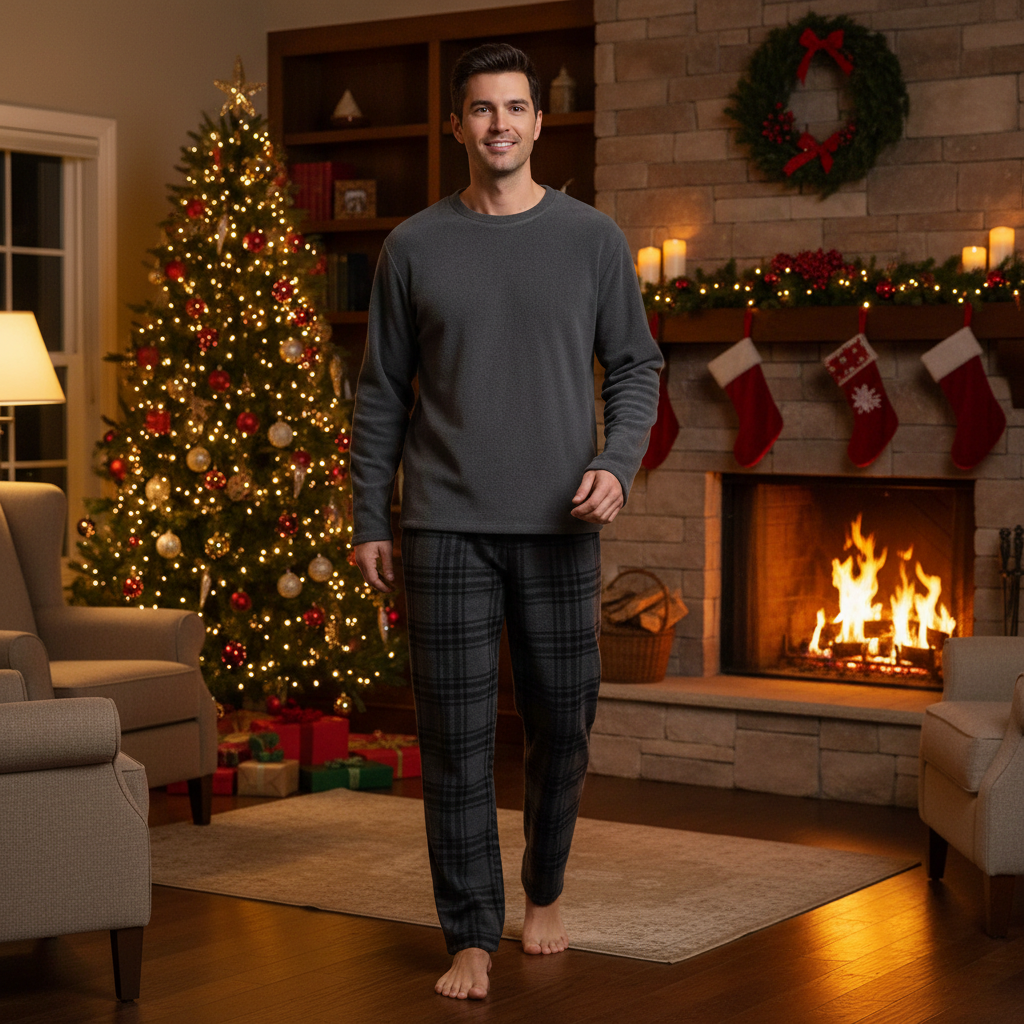 Men's Grey Check Fleece Pyjama Set