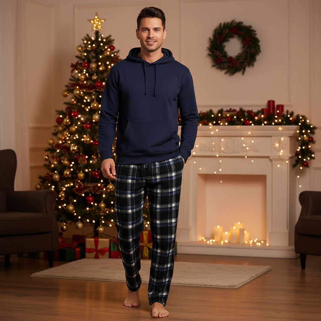 Men's Comfortable Fleece Lounge Pants – Blue Black Pyjama Bottoms for Ultimate Relaxation