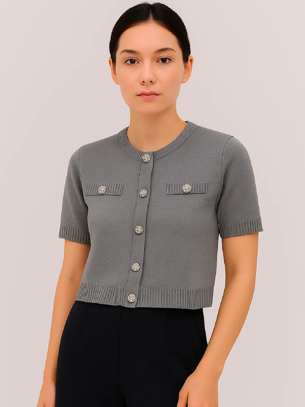 Ladies Short Sleeve Button Cardigan