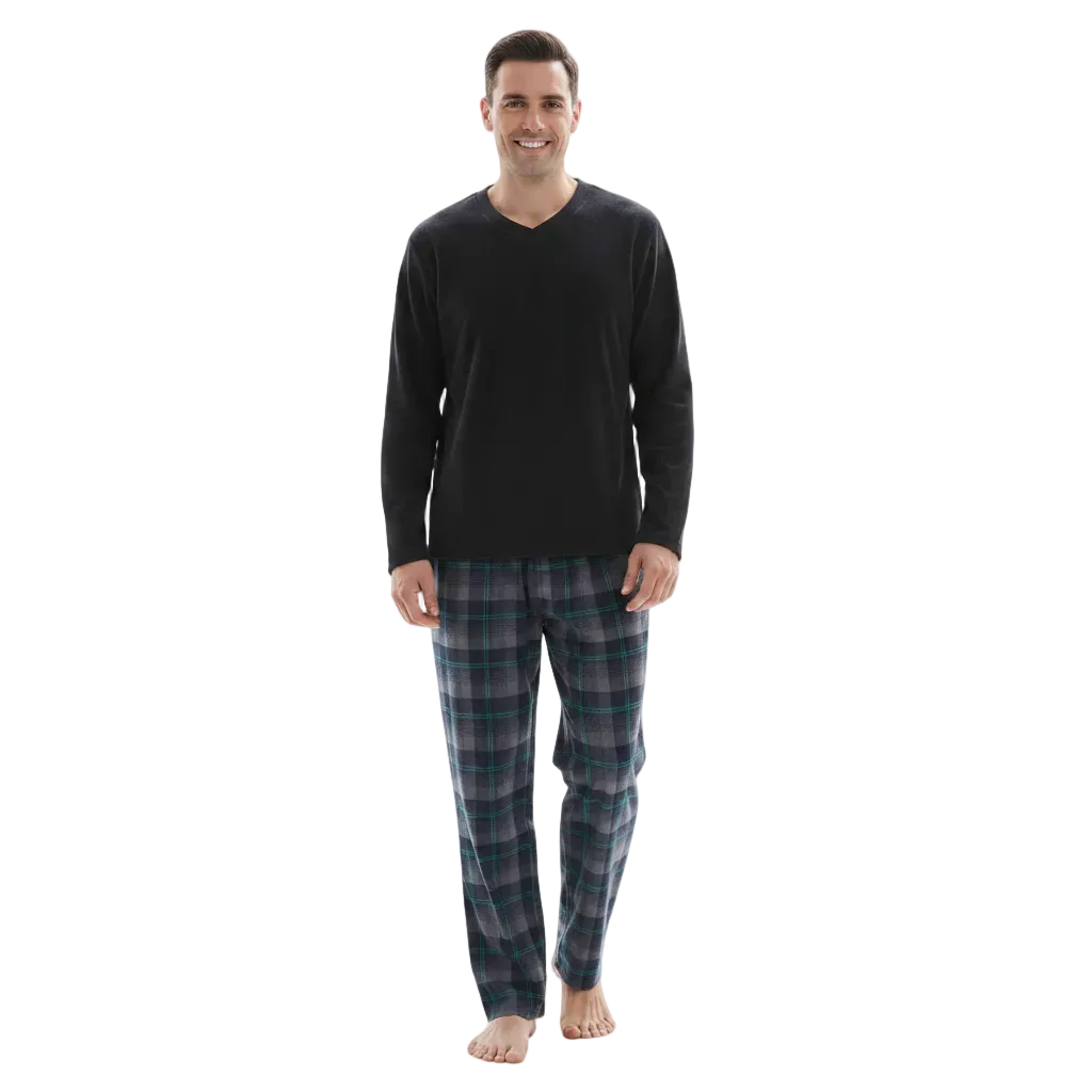 Men's Checkered Pyjamas Loungewear Fleece Top and Cotton Bottoms