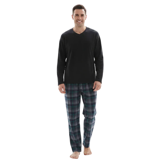 Men's Checkered Pyjamas Loungewear Fleece Top and Cotton Bottoms