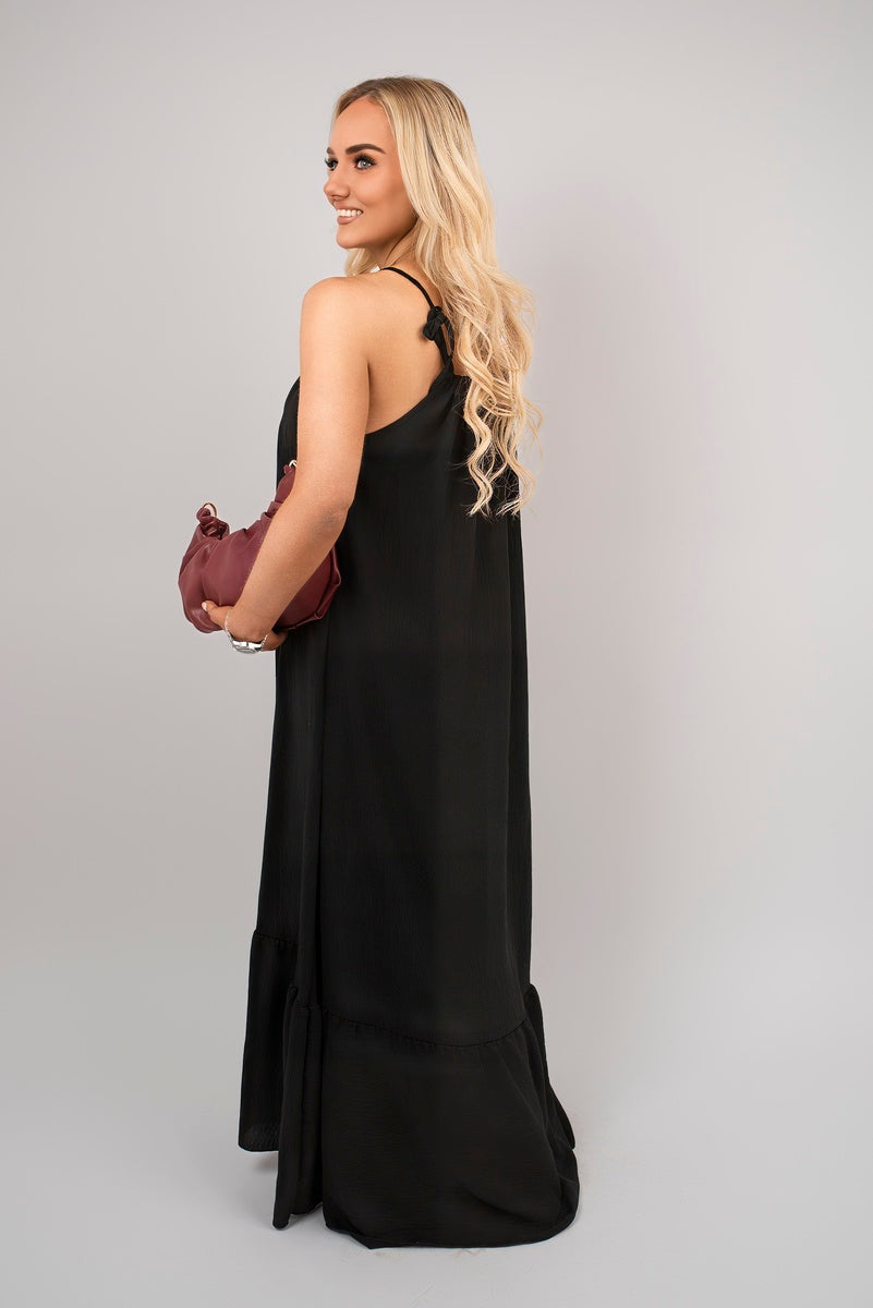 Sleeveless Beaded Halter Neck Maxi Dress with Tiered Hem