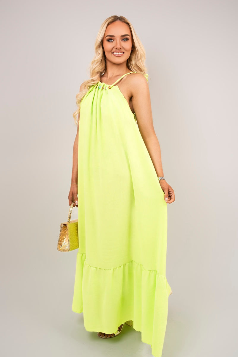 Sleeveless Beaded Halter Neck Maxi Dress with Tiered Hem