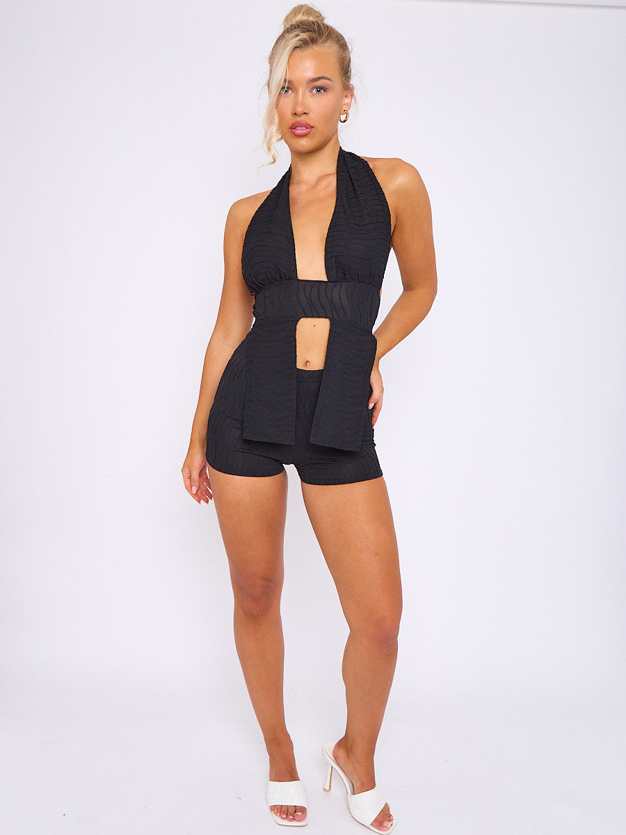 Textured Backless Halter Top & Shorts Co-ord