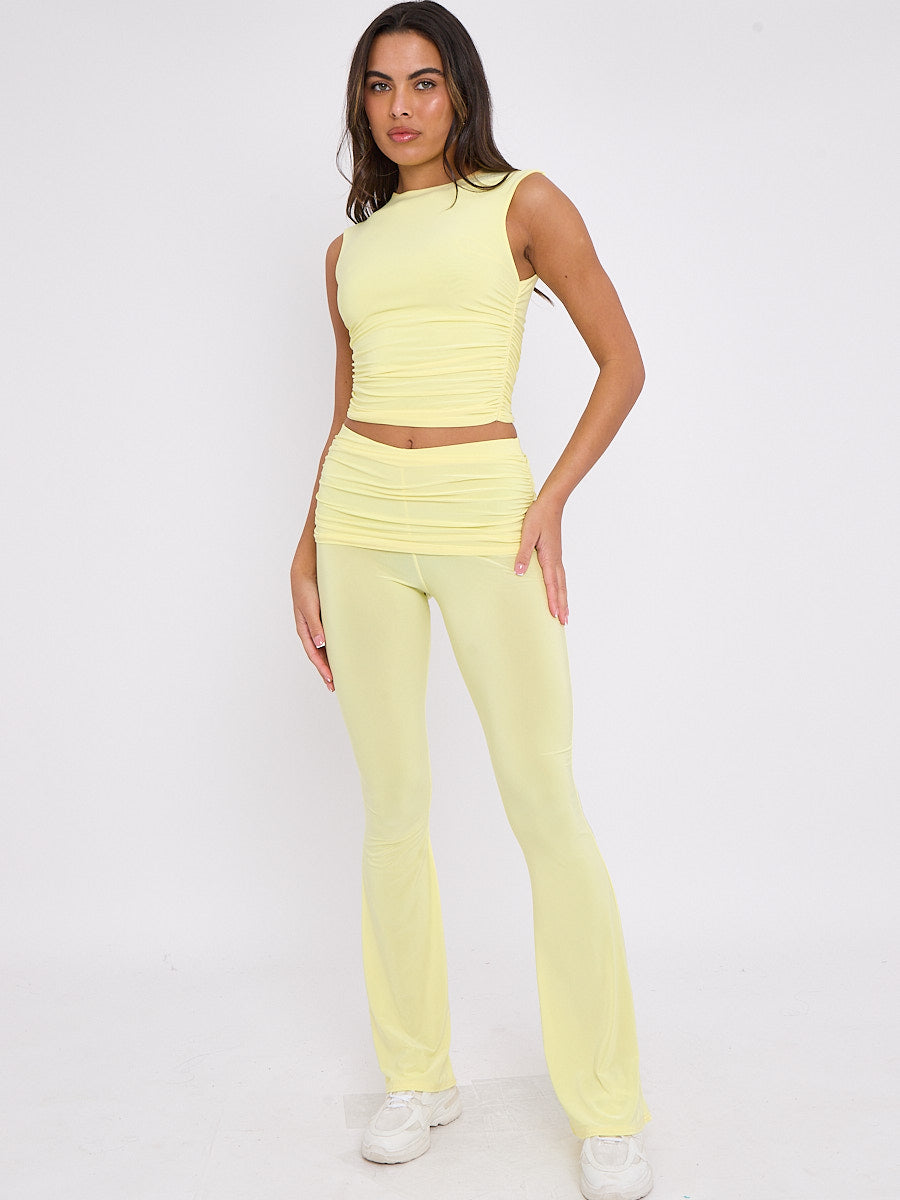 Slinky Sleeveless Ruched Crop Top & Fold Over Flared Trouser Co-ord