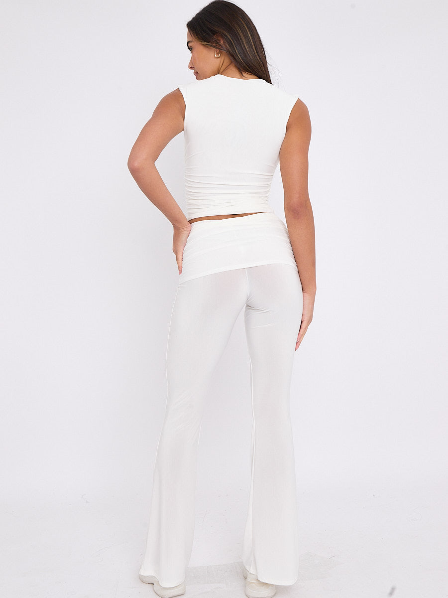 Slinky Sleeveless Ruched Crop Top & Fold Over Flared Trouser Co-ord
