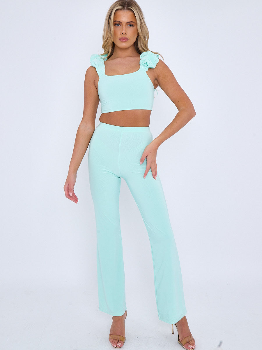 Ruched Straps Crop Top & Wide Leg Trouser Co-ord
