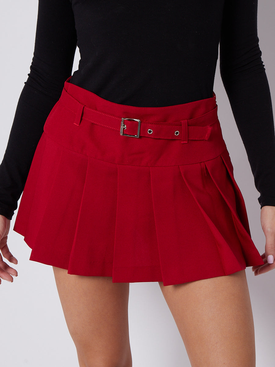Pleated Mini Plain Tennis Skort With Belt