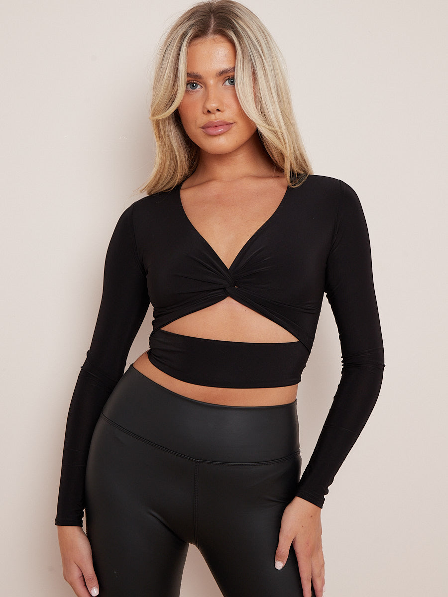 Long Sleeves Twist Knot Cut Out Crop Top