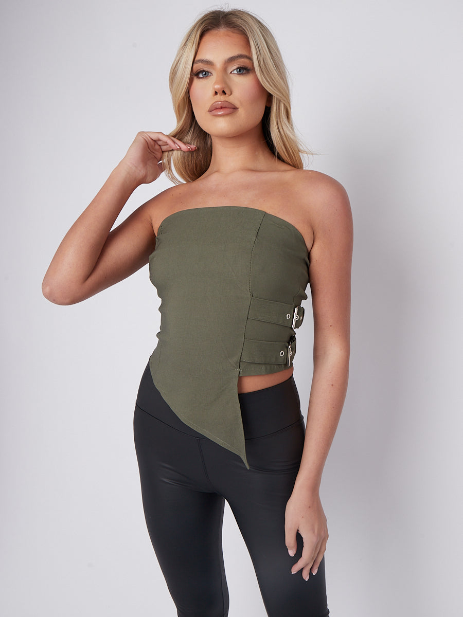 Belted Side Asymmetric Hem Bandeau Crop Top