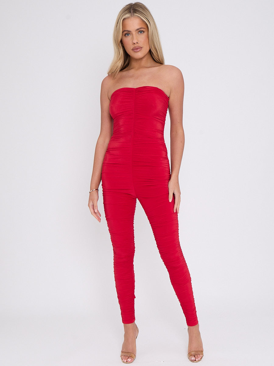 Slinky Ruched Bodycon Fit Bandeau Jumpsuit