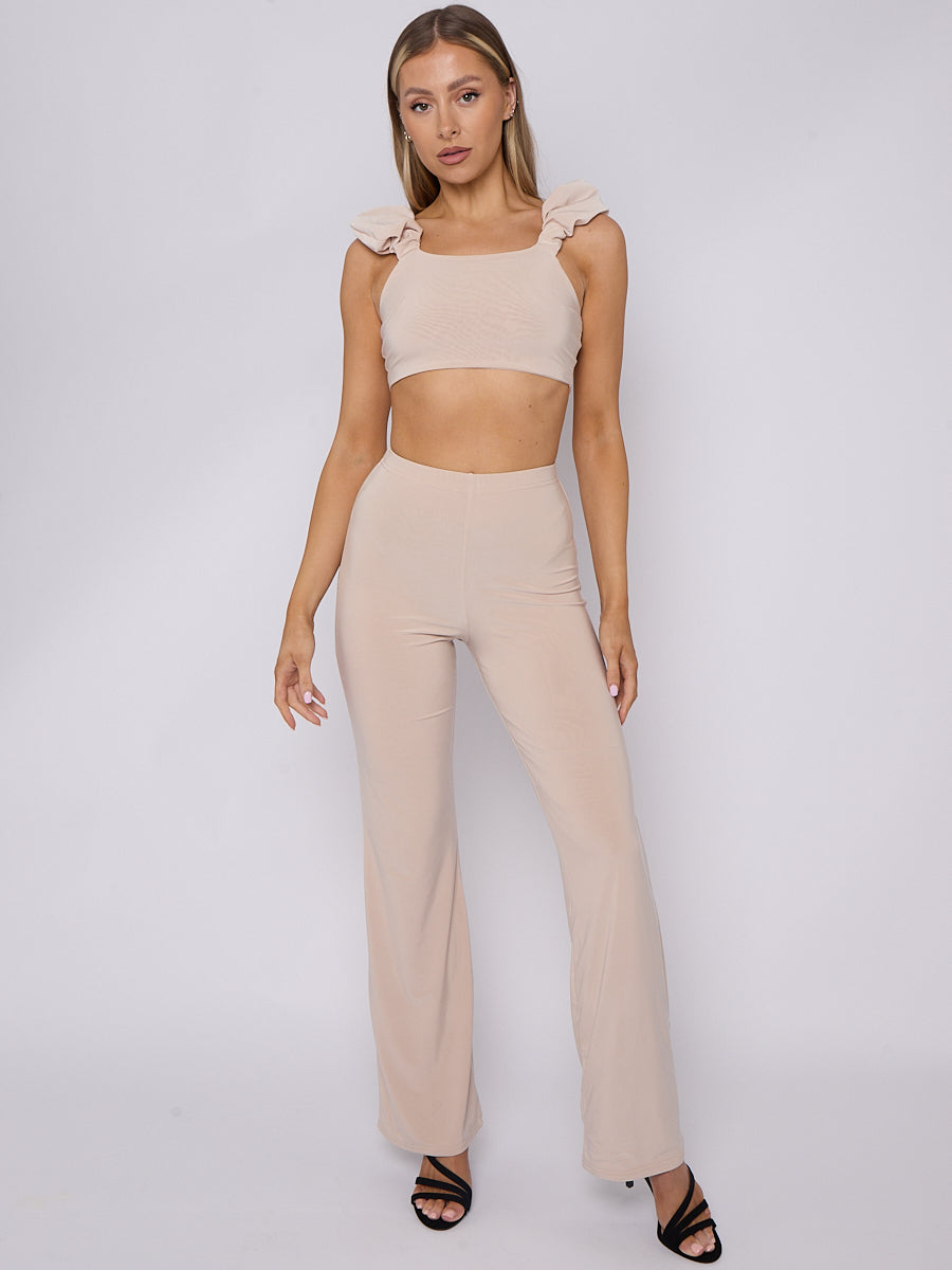 Ruched Straps Crop Top & Wide Leg Trouser Co-ord