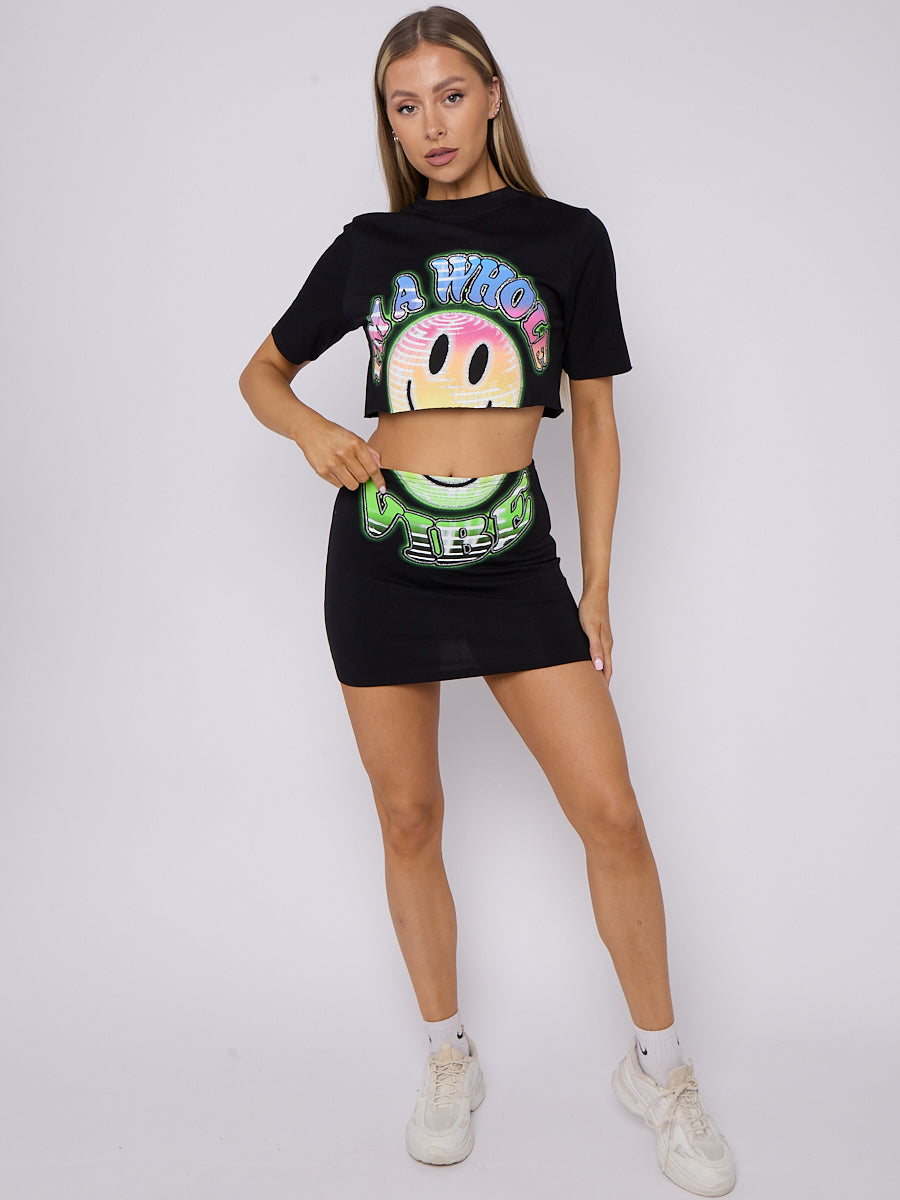Smiley Graphic Crop Top & Skirt Co-ord