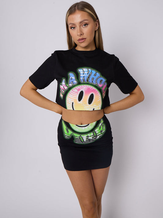 Smiley Graphic Crop Top & Skirt Co-ord