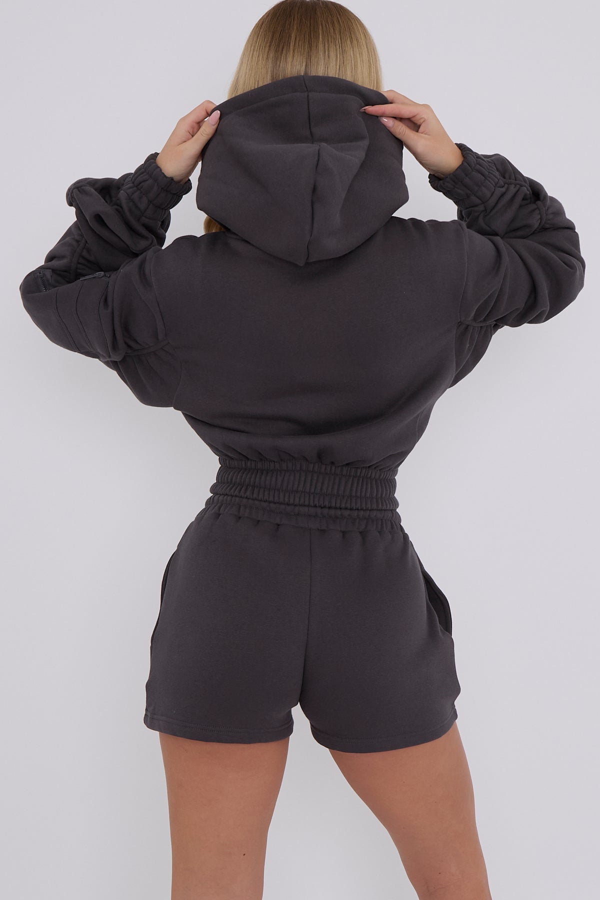 Cropped Zip Up Ruched Sleeve Hoodie & Shorts Fleece Co-ord
