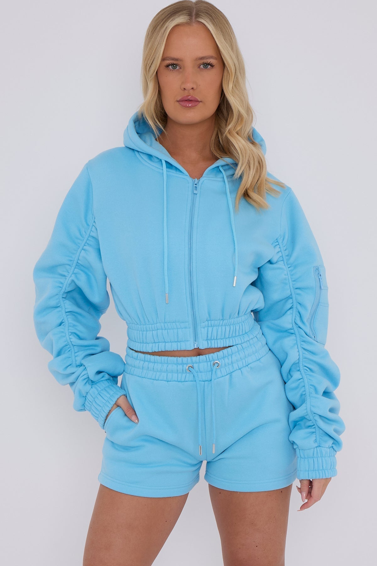 Cropped Zip Up Ruched Sleeve Hoodie & Shorts Fleece Co-ord