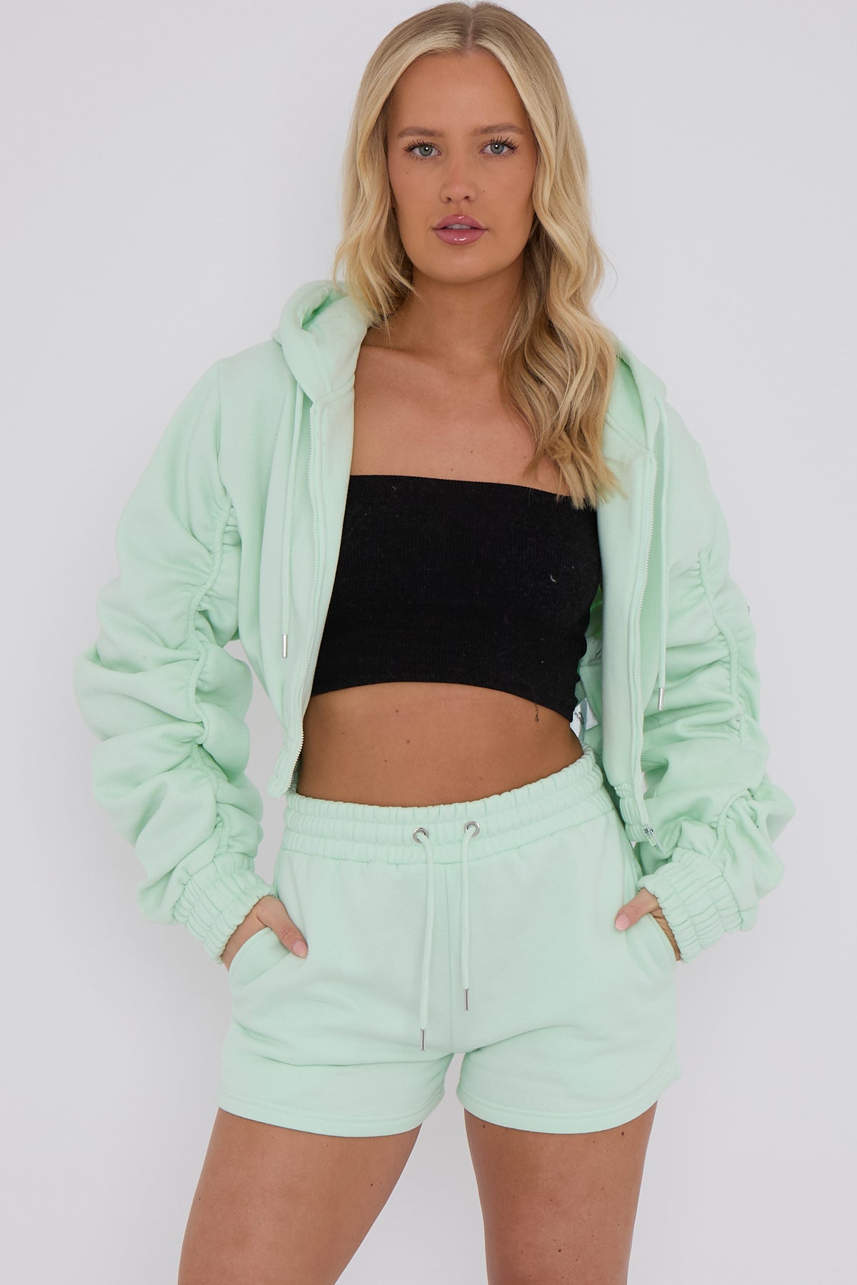 Cropped Zip Up Ruched Sleeve Hoodie & Shorts Fleece Co-ord