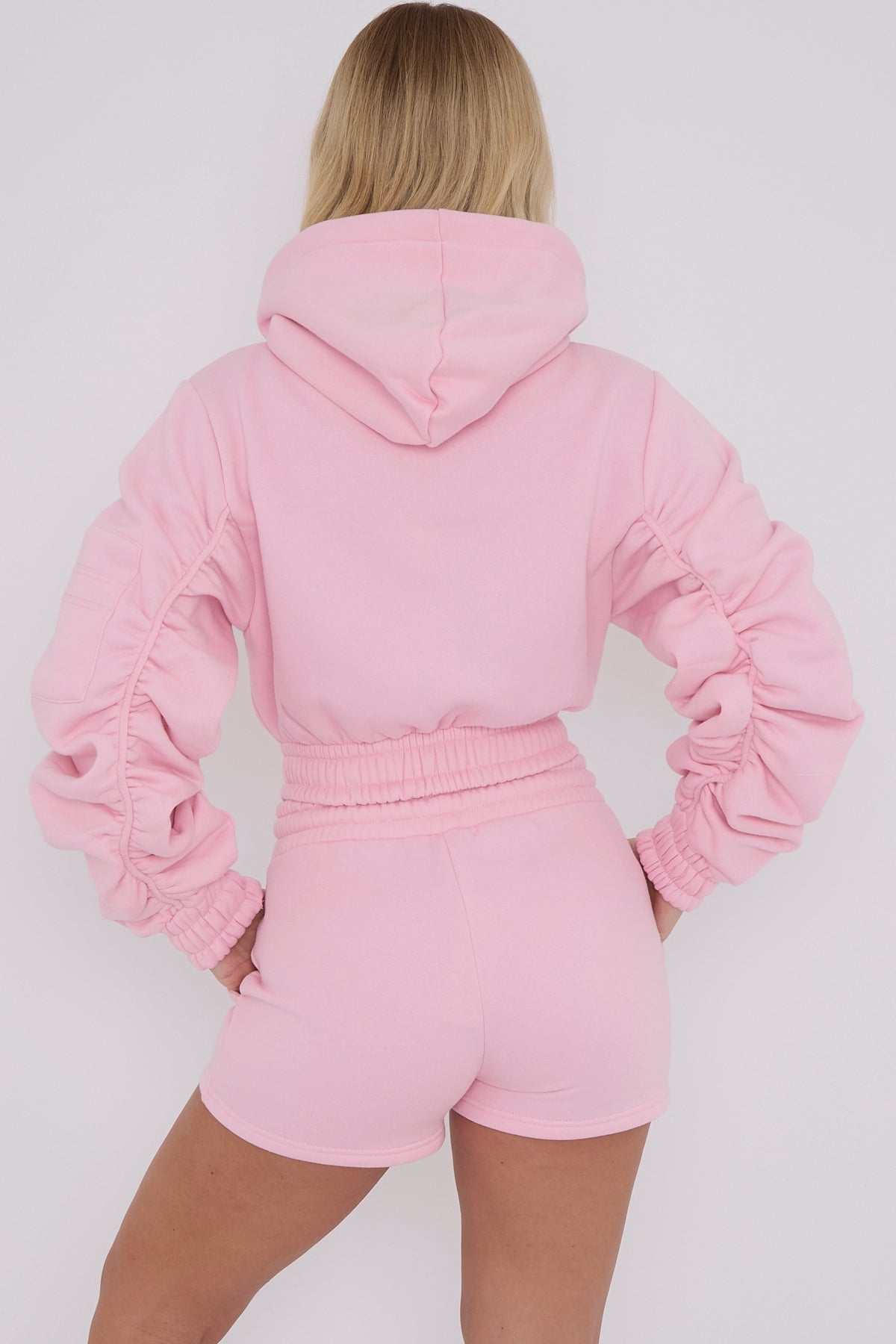 Cropped Zip Up Ruched Sleeve Hoodie & Shorts Fleece Co-ord