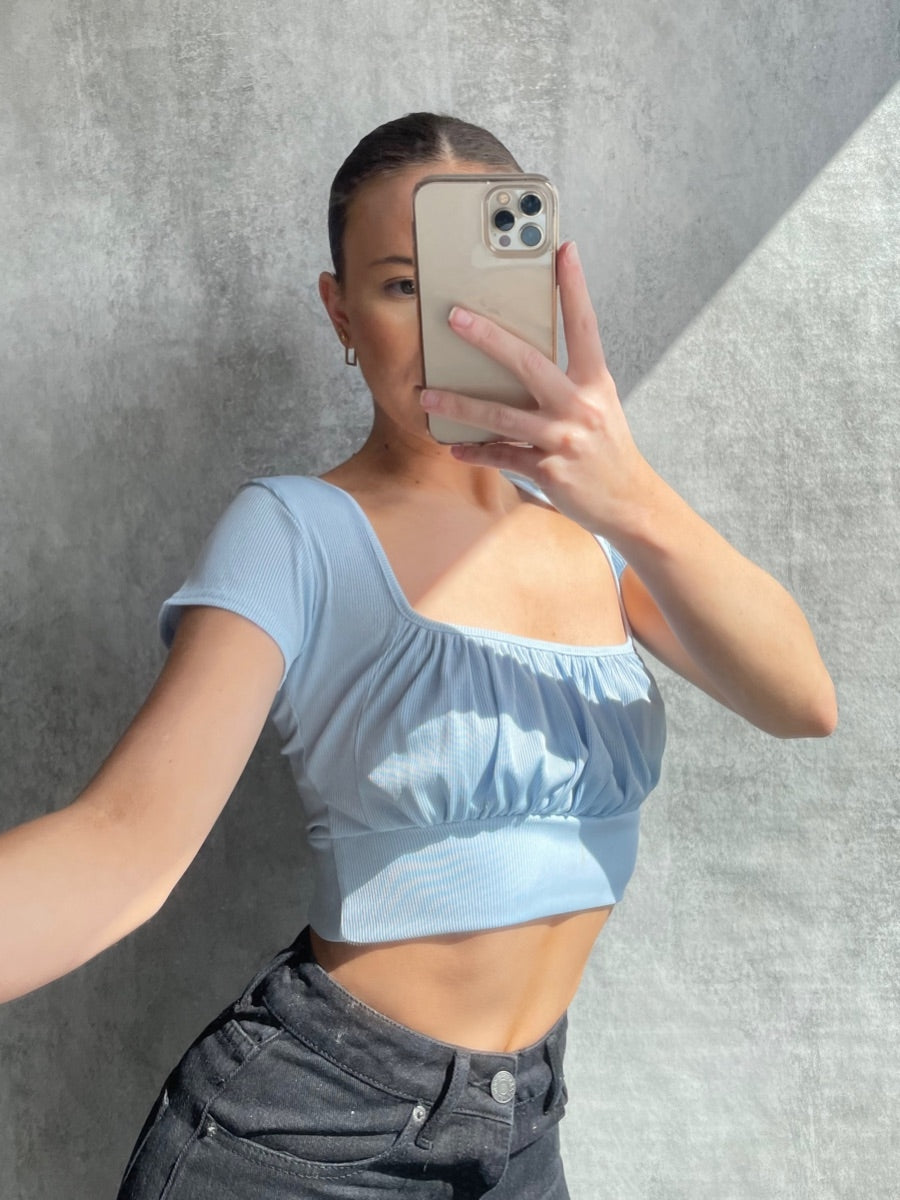 Square Neck Ruched Front Ribbed Crop Top
