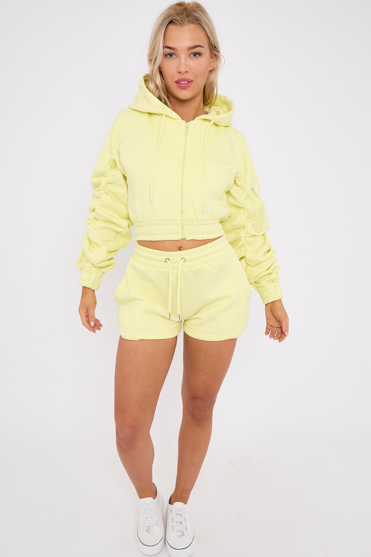 Cropped Zip Up Ruched Sleeve Hoodie & Shorts Fleece Co-ord