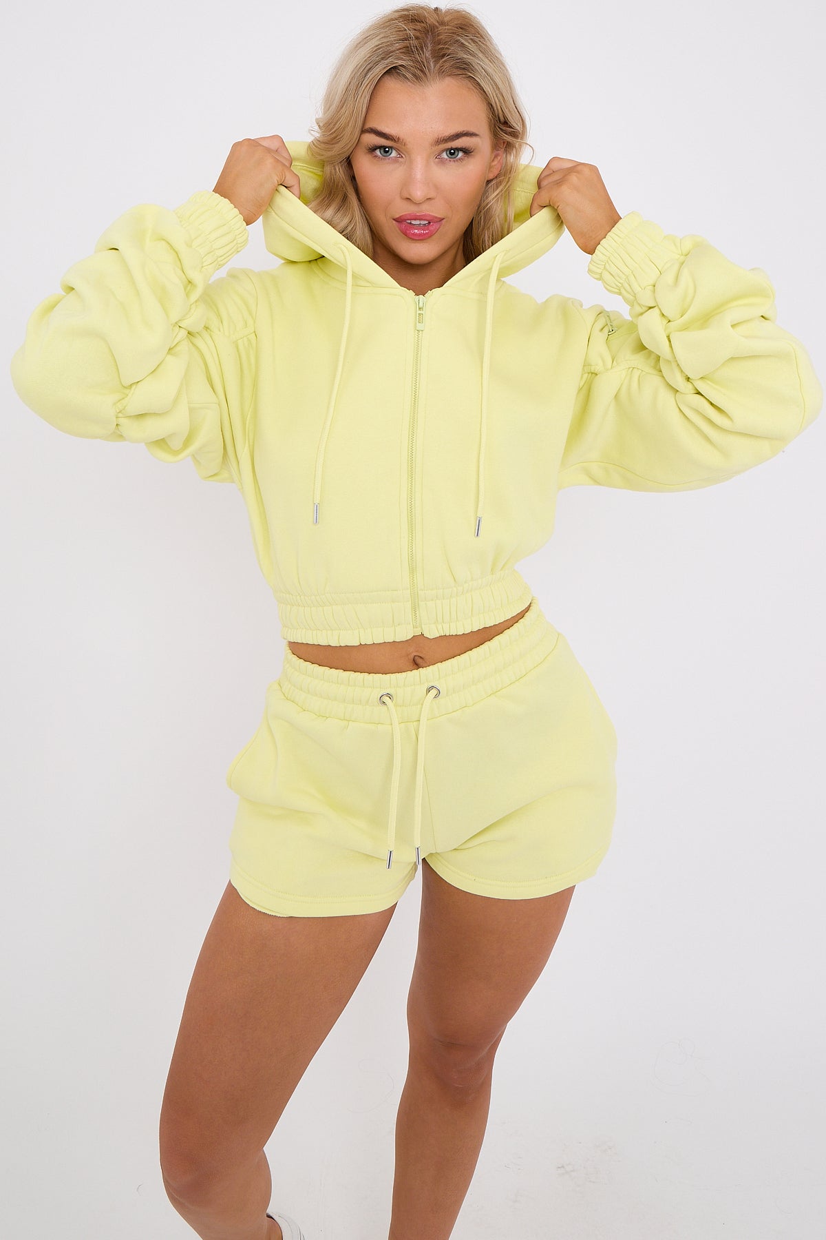 Cropped Zip Up Ruched Sleeve Hoodie & Shorts Fleece Co-ord