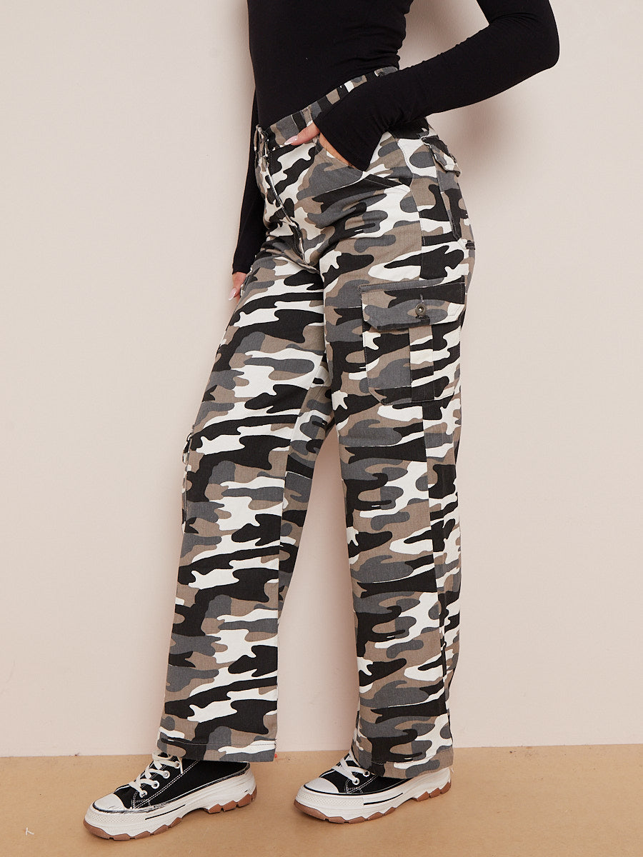 Camouflage Wide Leg Denim Cargo Trousers