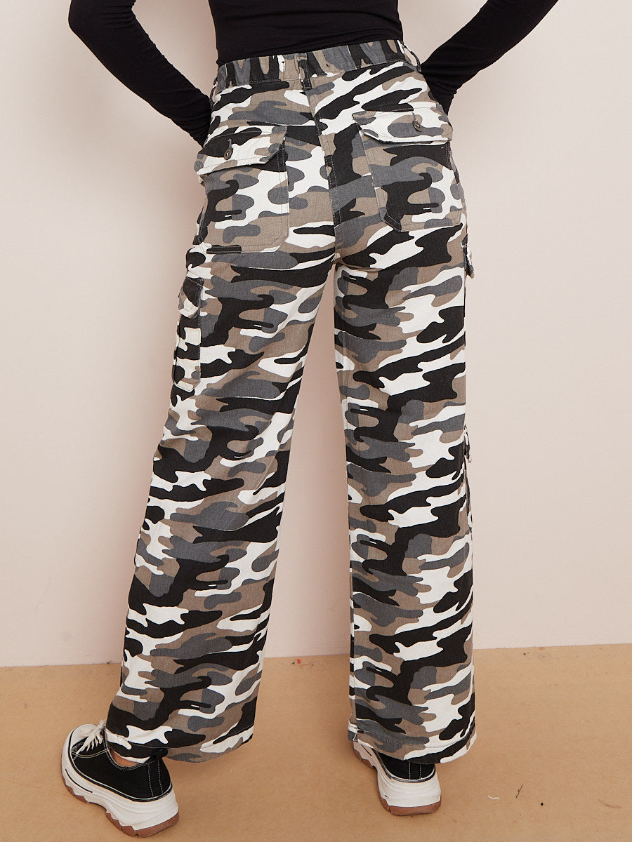 Camouflage Wide Leg Denim Cargo Trousers