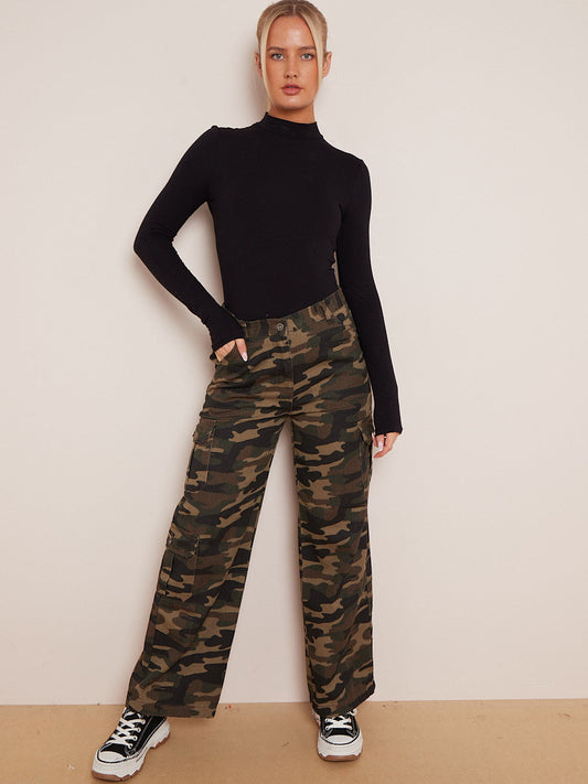 Camouflage Wide Leg Denim Cargo Trousers