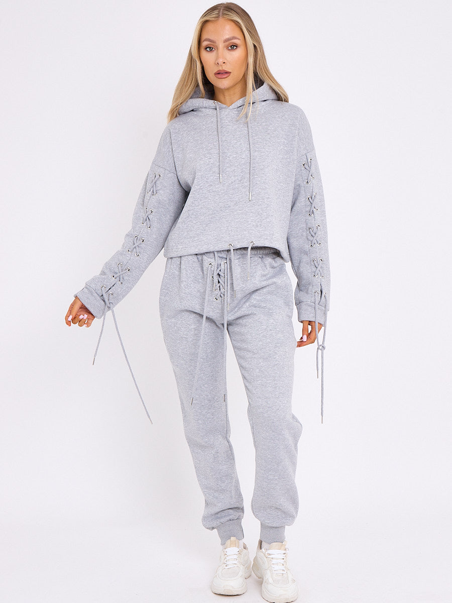 Eyelet Lace Up Detail Hoodie & Jogger Fleece Co-ord