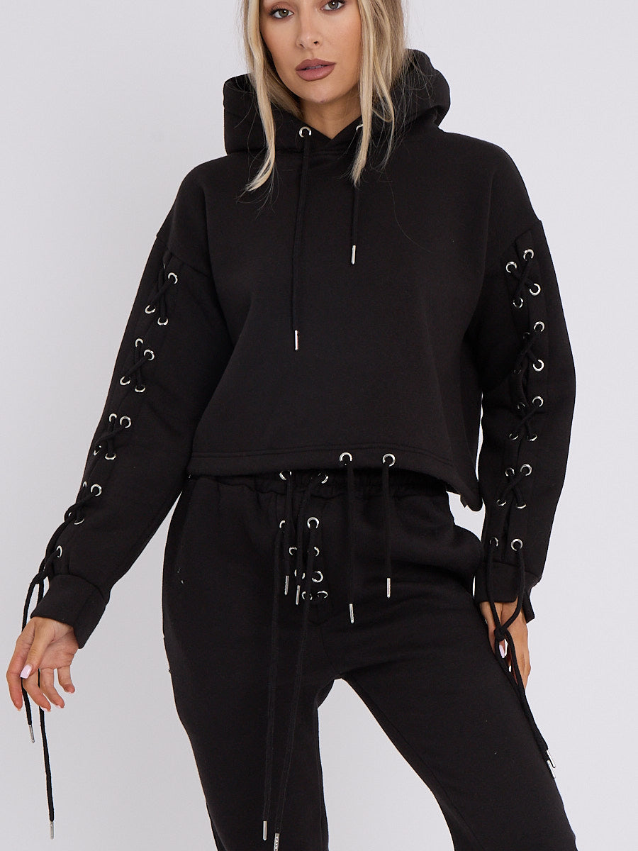 Eyelet Lace Up Detail Hoodie & Jogger Fleece Co-ord