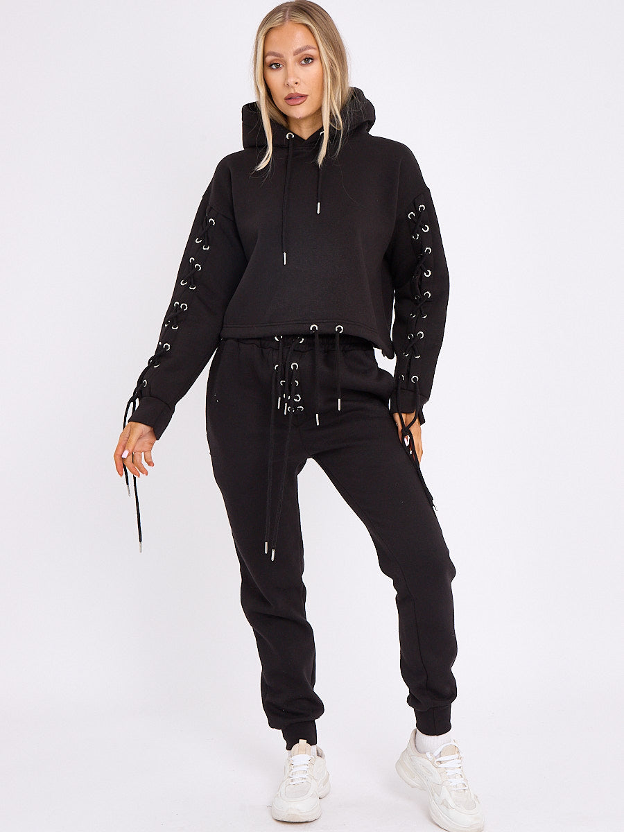 Eyelet Lace Up Detail Hoodie & Jogger Fleece Co-ord