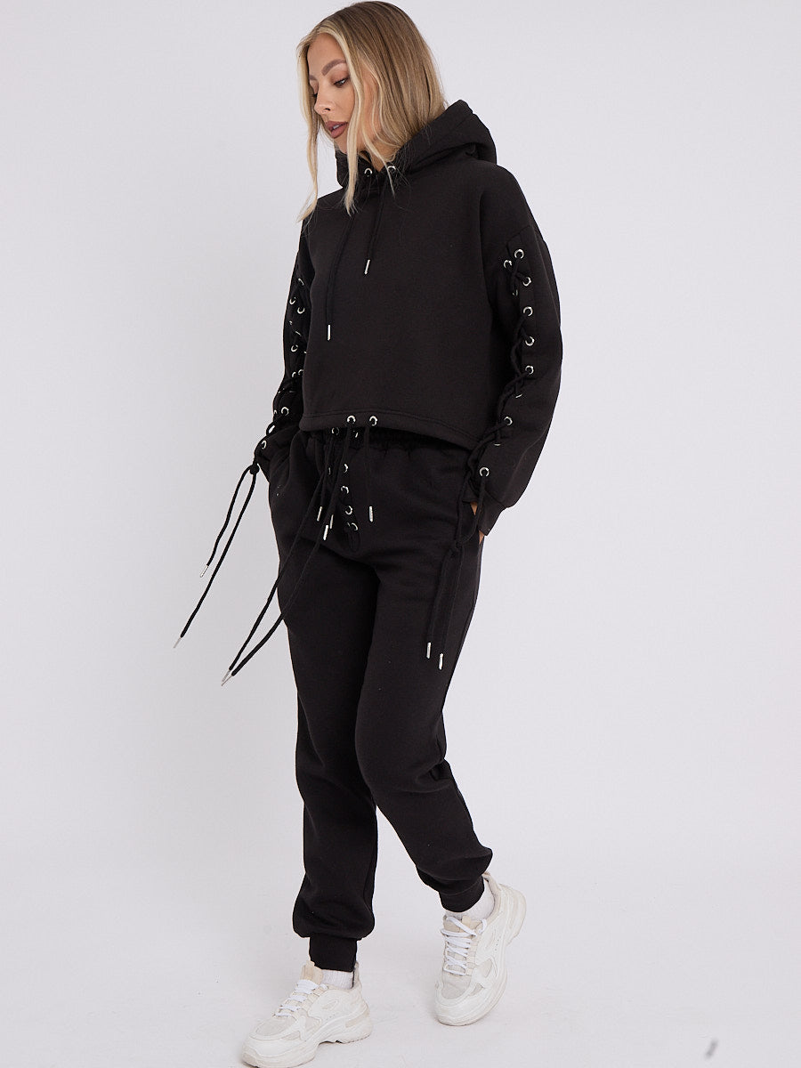 Eyelet Lace Up Detail Hoodie & Jogger Fleece Co-ord