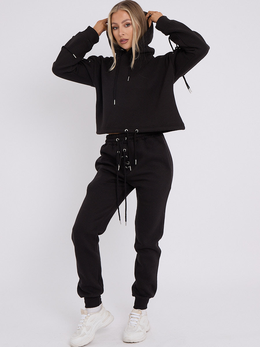 Eyelet Lace Up Detail Hoodie & Jogger Fleece Co-ord
