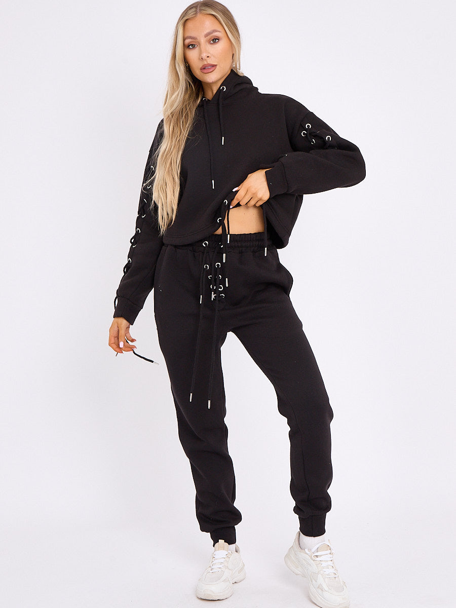 Eyelet Lace Up Detail Hoodie & Jogger Fleece Co-ord