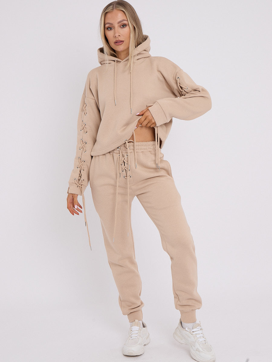 Eyelet Lace Up Detail Hoodie & Jogger Fleece Co-ord
