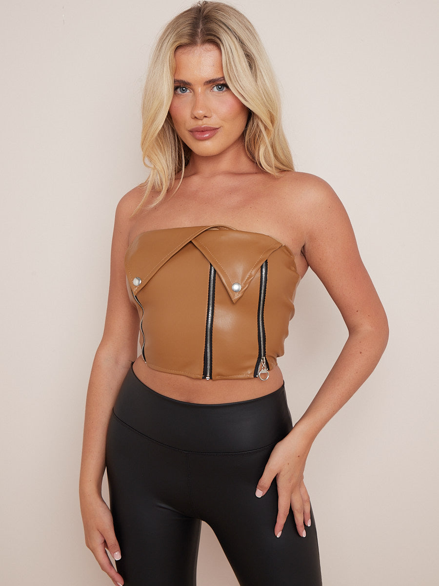 Faux Leather Bandeau Crop Top With Zip Detail