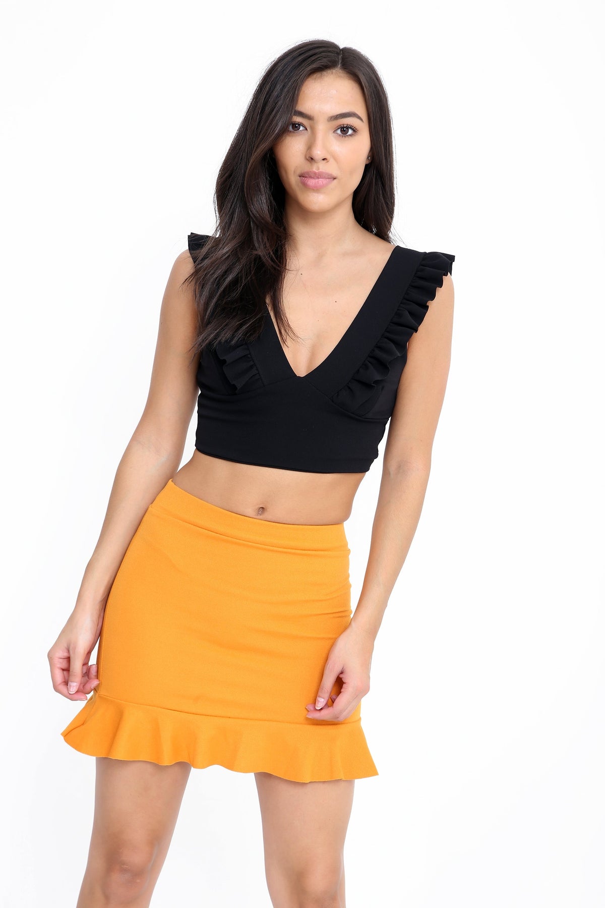 Ruched Frill Strap Plunge Crop Top