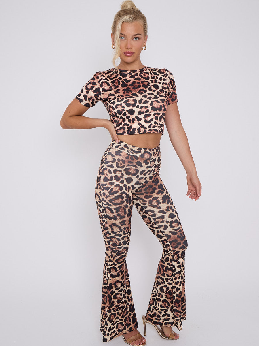 Leopard Print Scrunch Back Flared Slinky Trousers