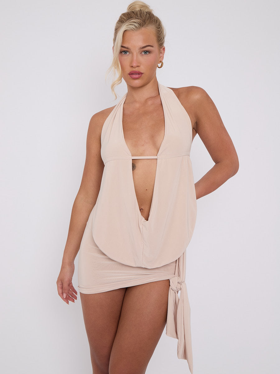 Slinky Halter Neck Top & Skirt Co-ord With Tie Knot Drape Detail