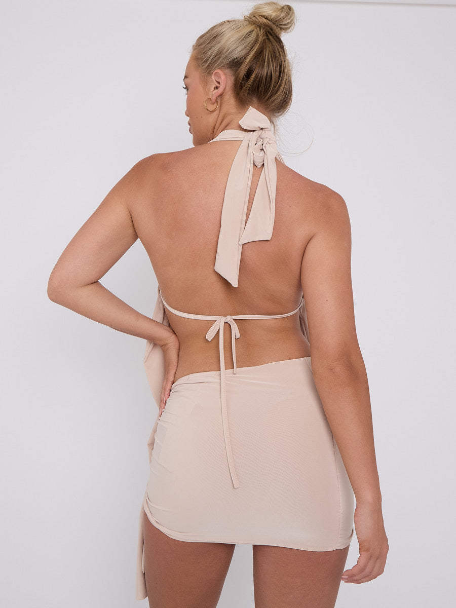 Slinky Halter Neck Top & Skirt Co-ord With Tie Knot Drape Detail