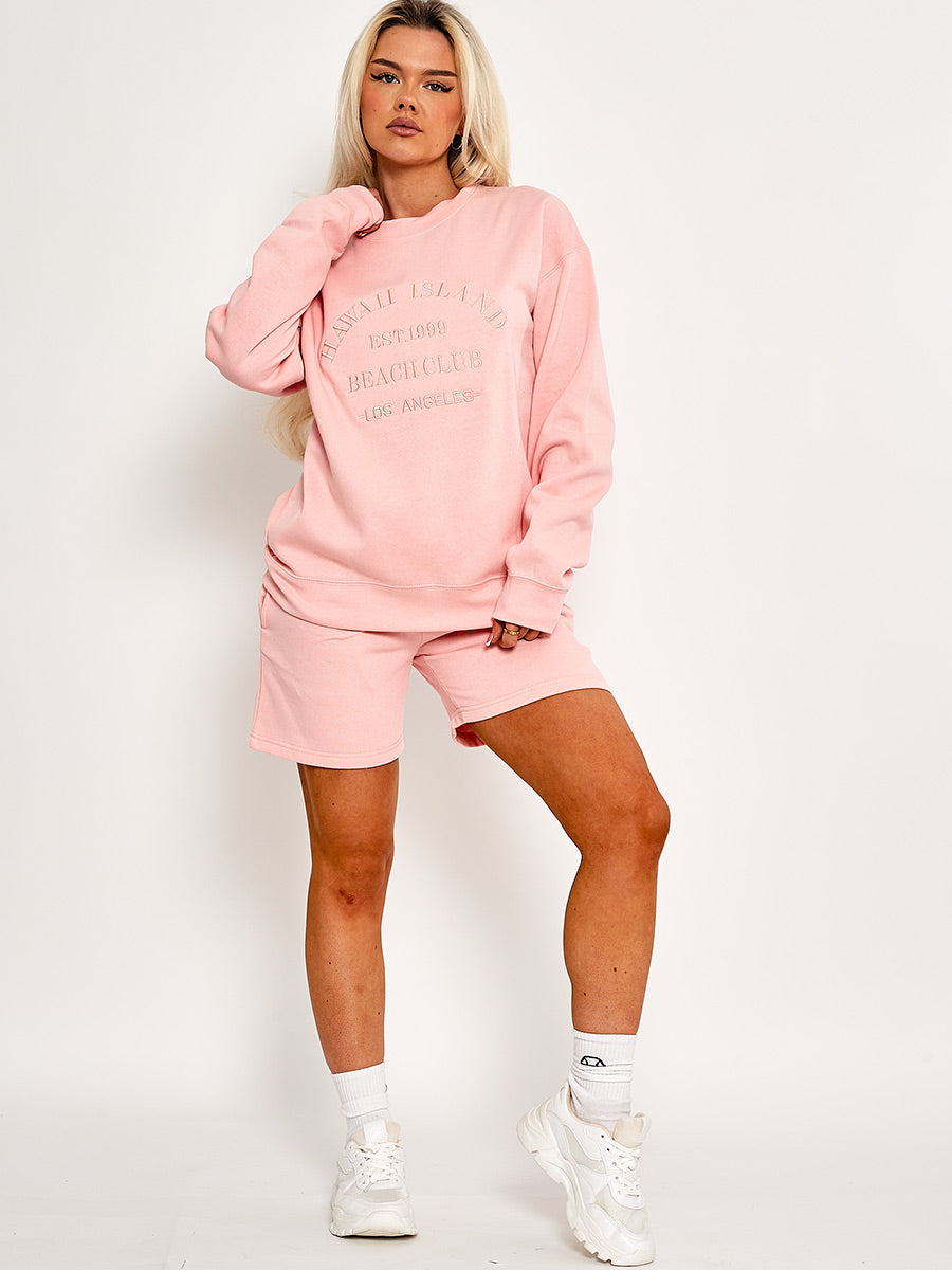 Embroidered Hawaii Island Sweatshirt & Shorts Fleece Co-ord