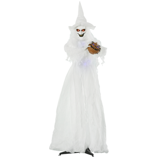 72" Motion Light-Up White Witch with Pumpkin & Skeleton Ghosts, Battery Operated