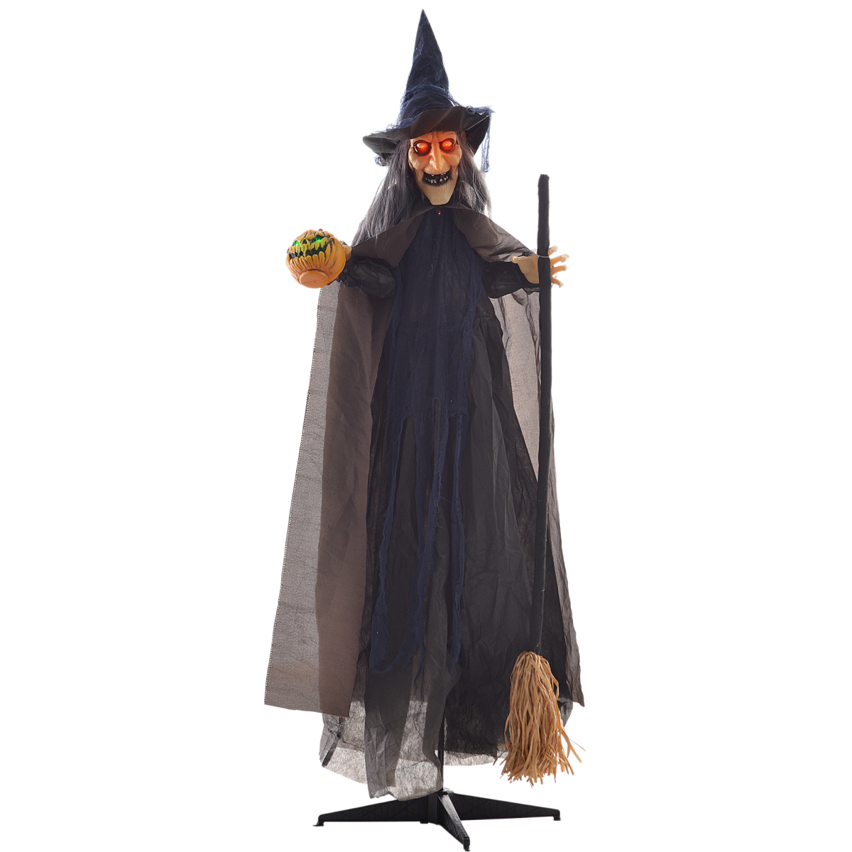 HOMCOM Animatronic Halloween Witch with Broomstick, Light-Up Red Eyes, Moving Arms & Head