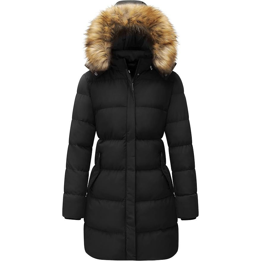 Womens Puffer Coat Winter Warm Faux Fur Removable Hood Black Size L WenVen